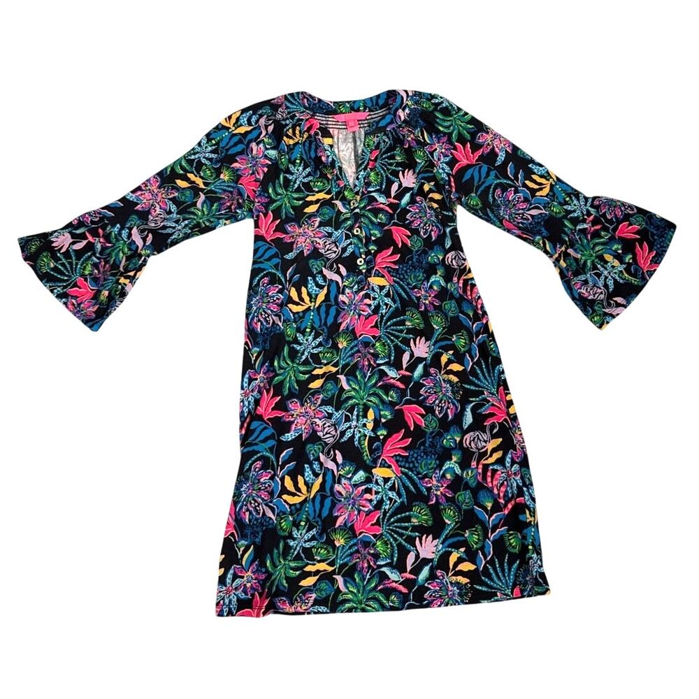 Lilly Pulitzer Norris 3/4 Sleeve Dress Black Floral Onyx Paradise Glow Size XXS - Picture 3 of 5